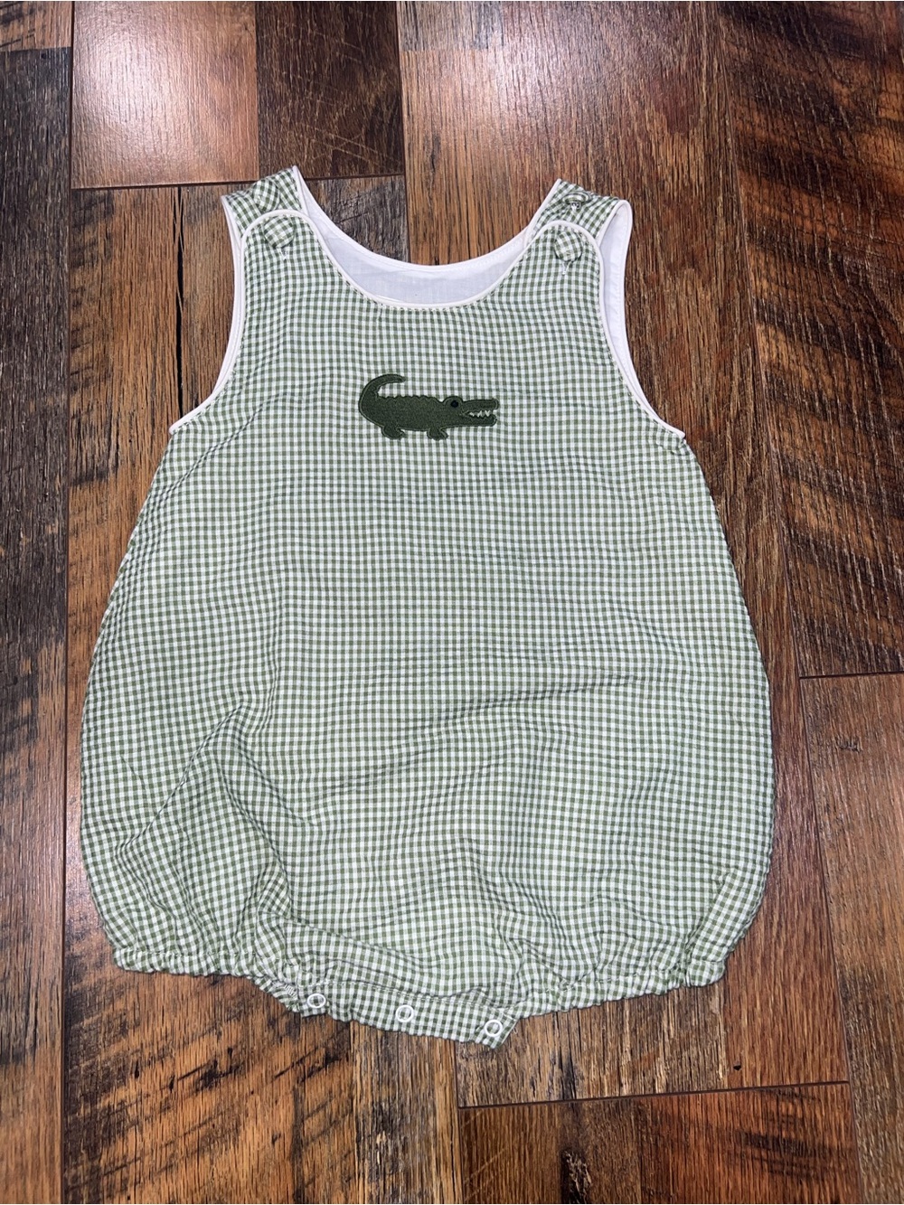 Green Gingham Baby Romper with Crocodile Motif